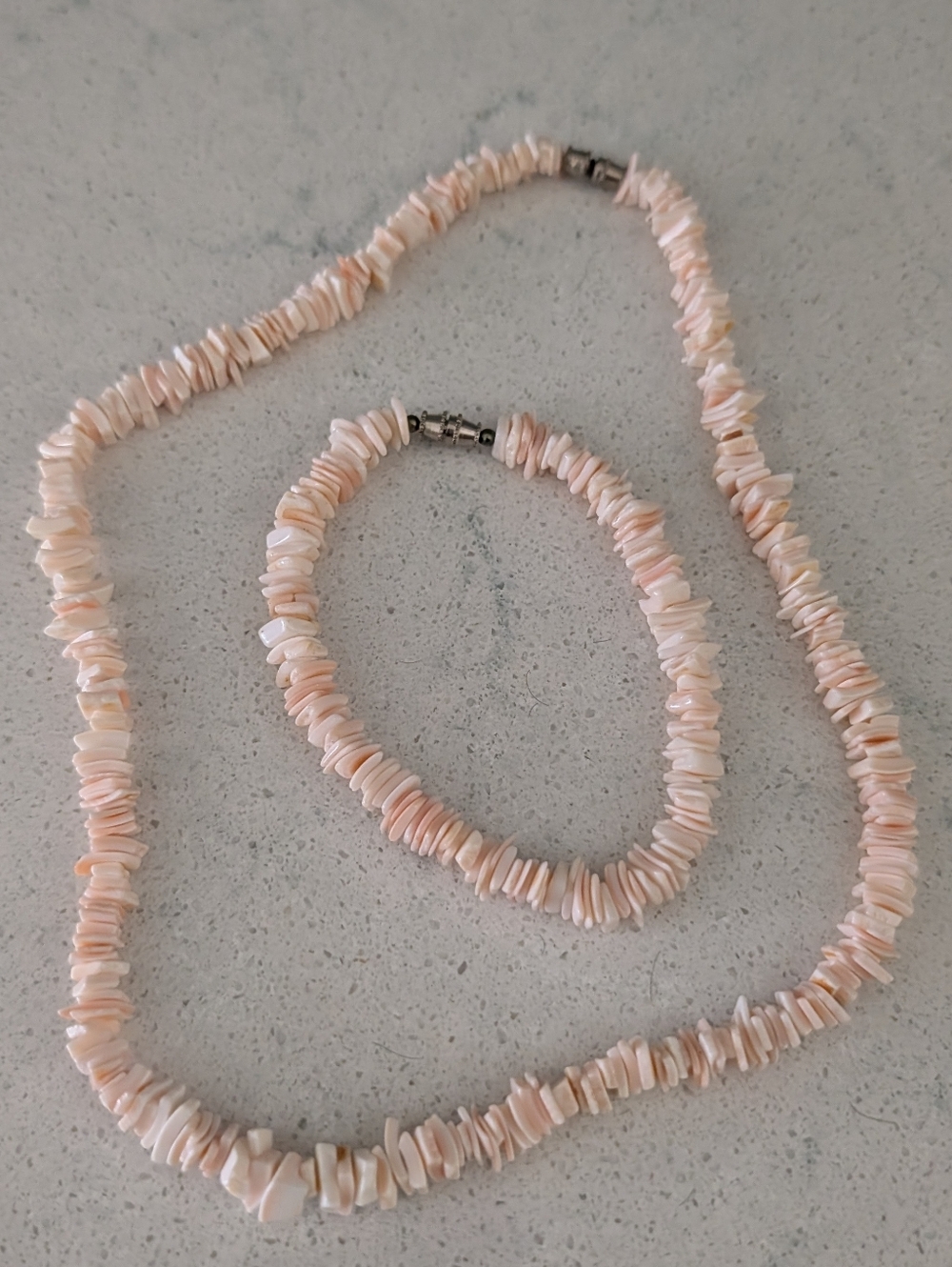 Delicate Pink Shell Chip Necklace and Bracelet Set
